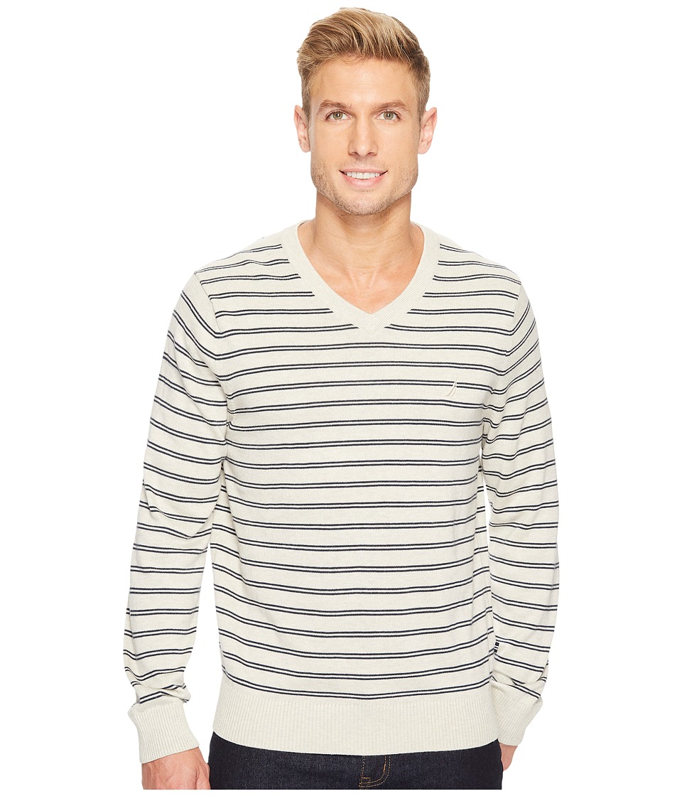 Nautica 12 Gauge Striped V-Neck (Oatmeal Heather) Men