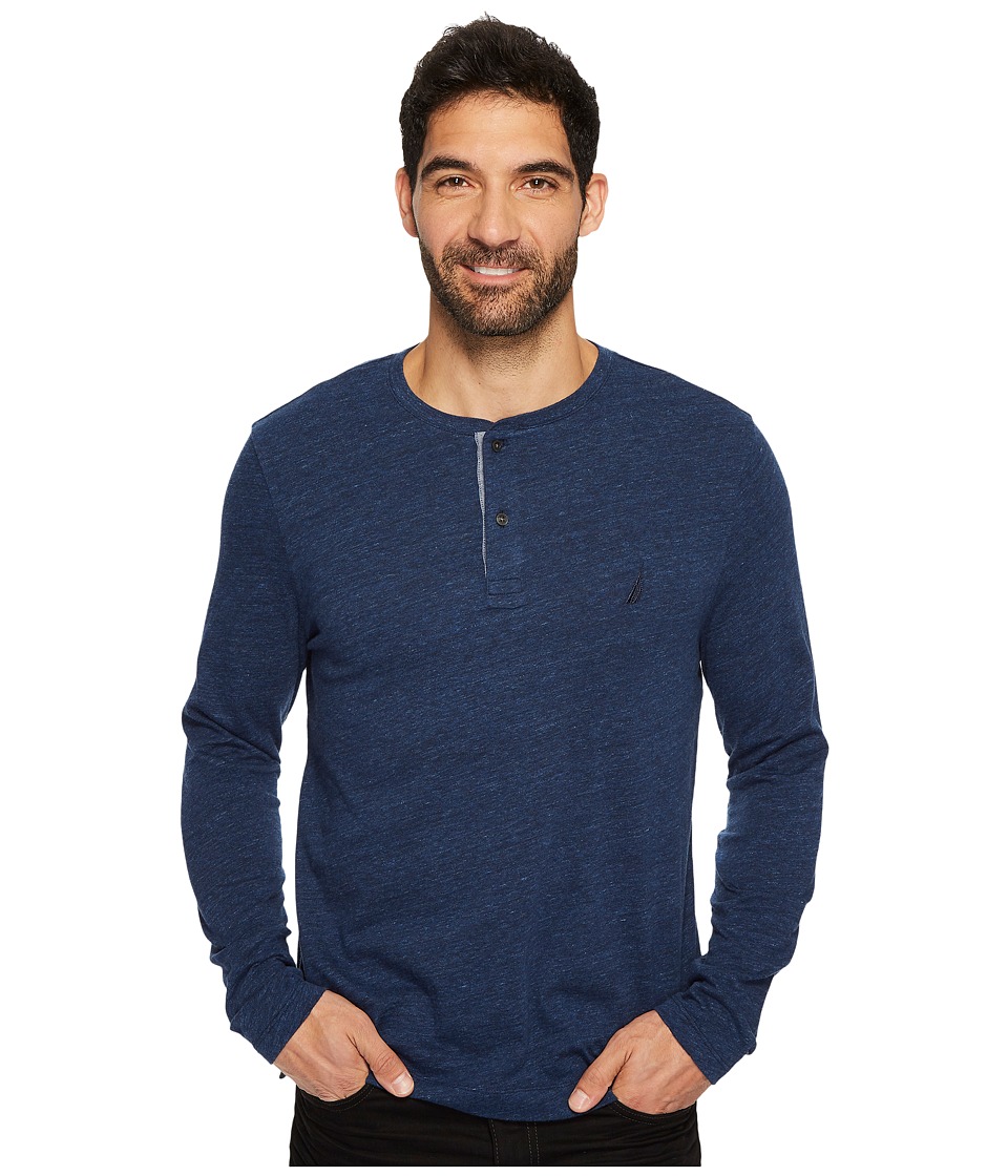 Nautica Long Sleeve Snow Cotton Henley (Deep Navy Heather) Men