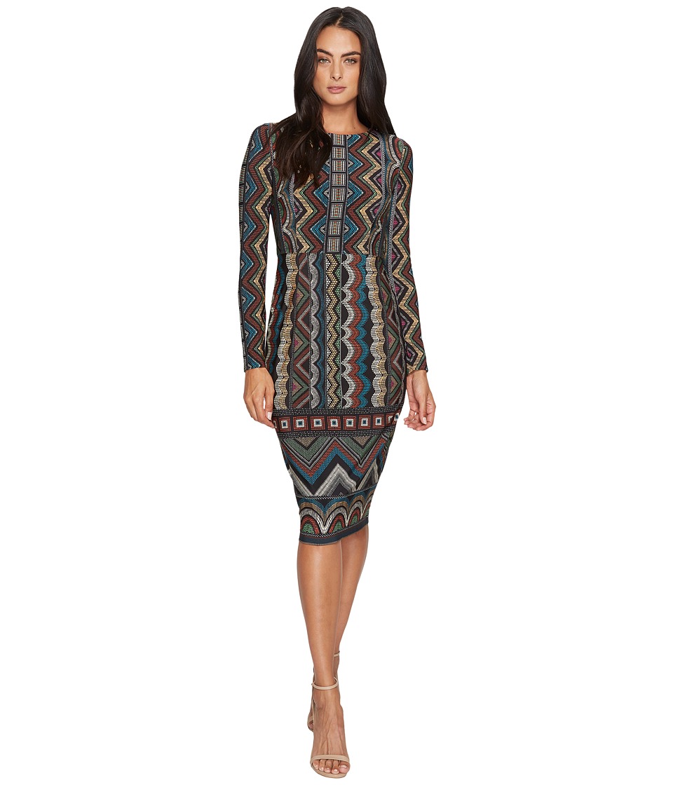 Maggy London Printed Jersey Sheath with Long Sleeve and Border (Black/Multi) Women