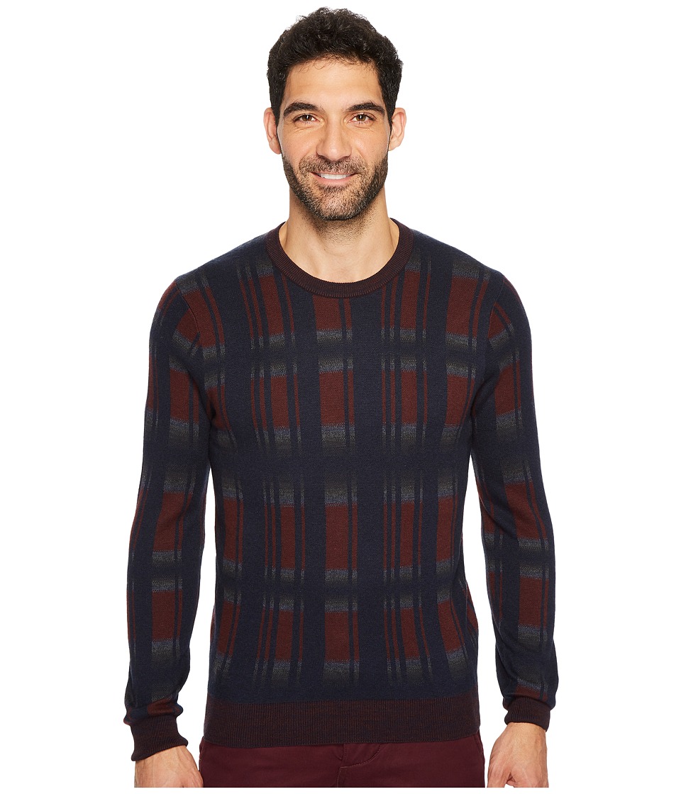 Perry Ellis Winter Cotton Plaid Crew Sweater (Royal Black Cherry) Men