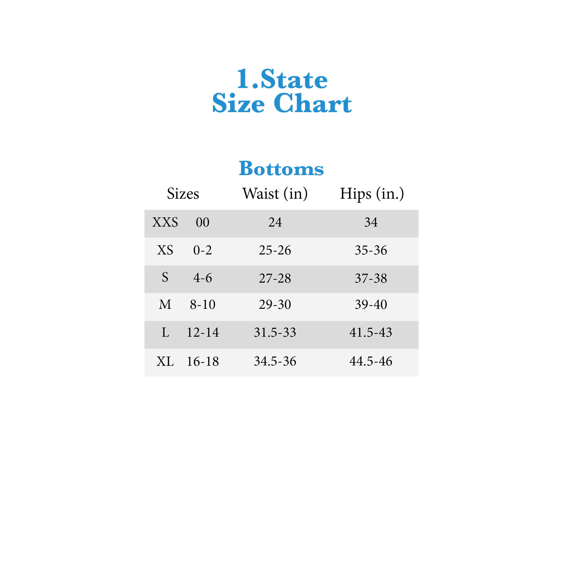 1 State Size Chart