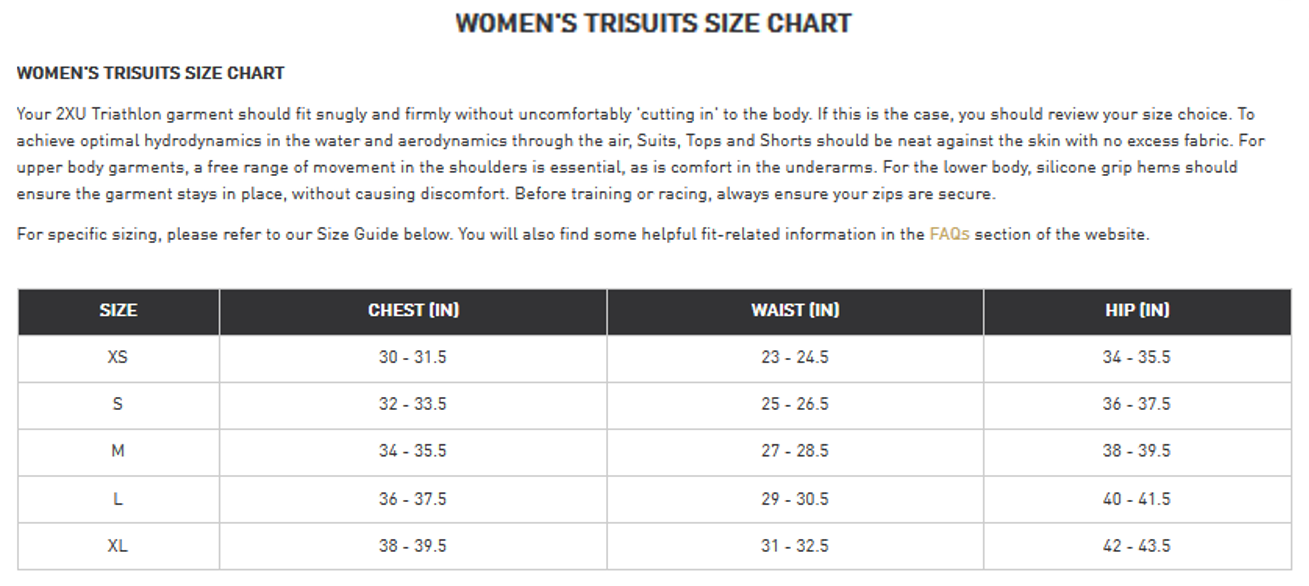 2xu Trisuit Size Chart