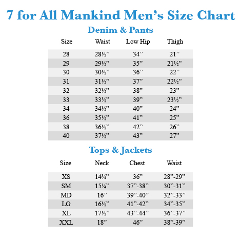 Seven For All Mankind Jeans Size Chart