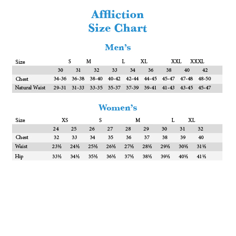 Womens Affliction Size Chart