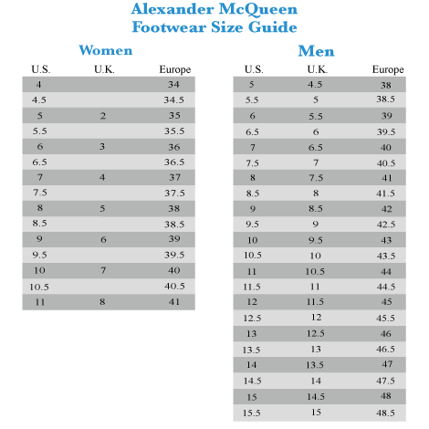 Alexander Mcqueen Size Chart Shoes