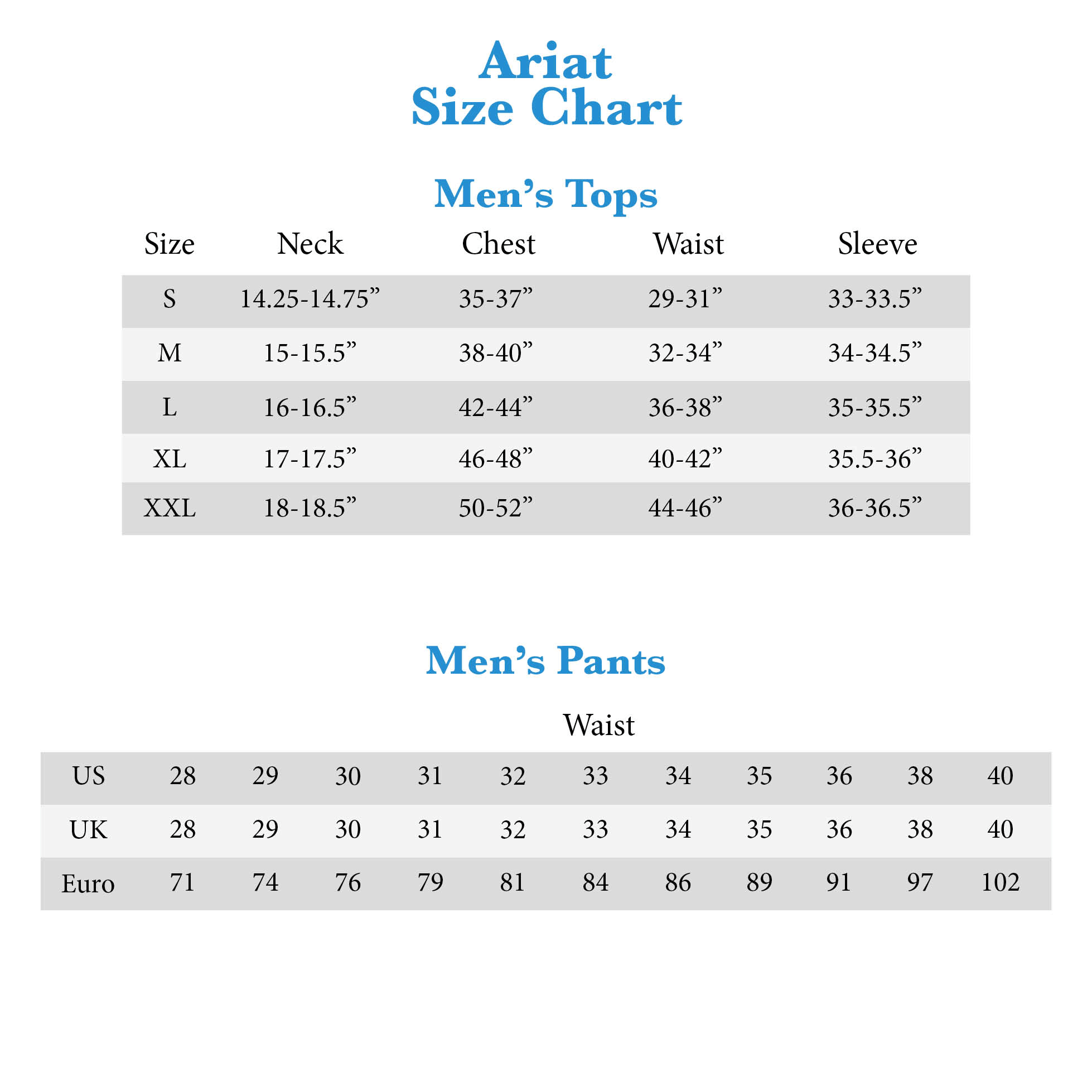 Ariat Jacket Size Chart