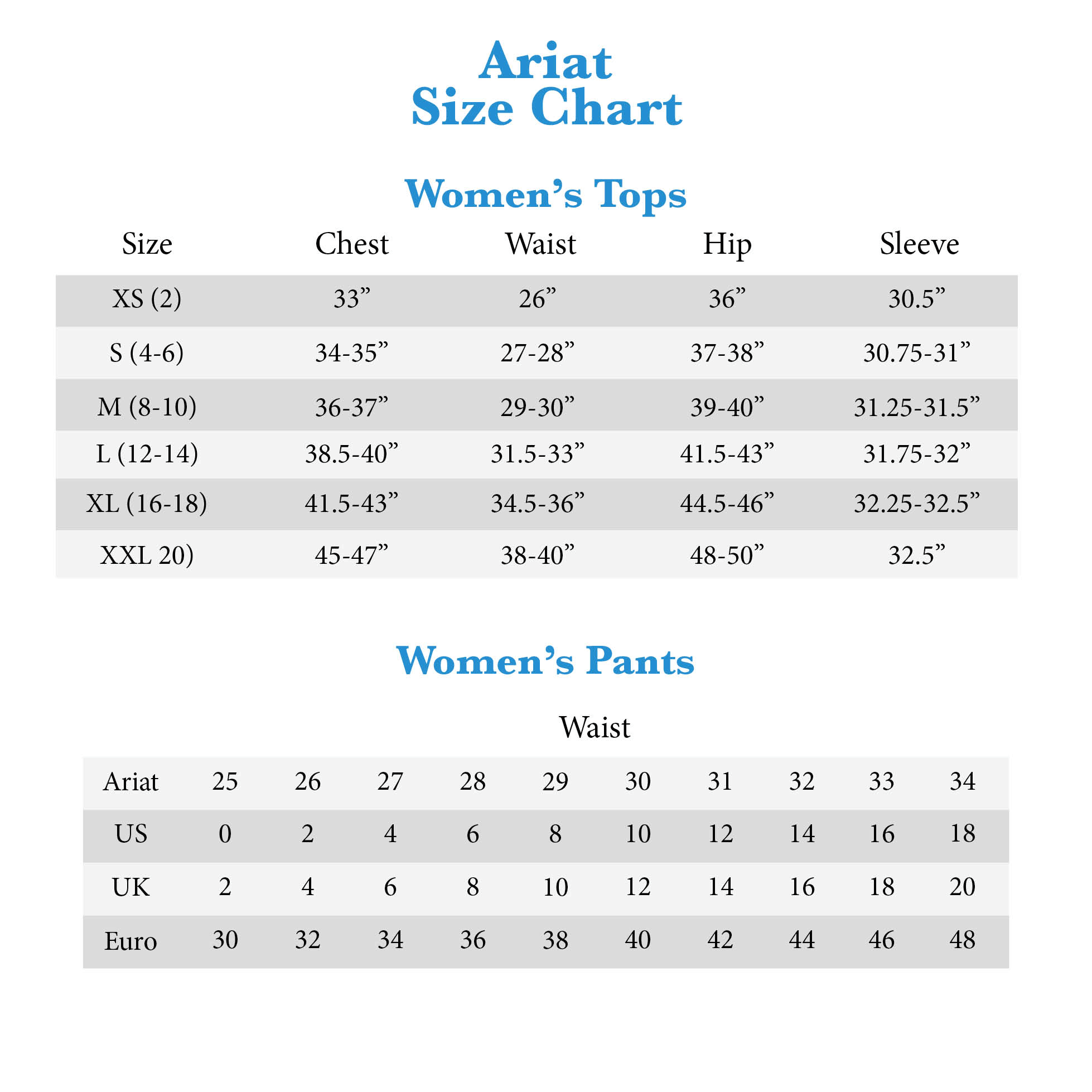 Women's Ariat Jeans Size Chart