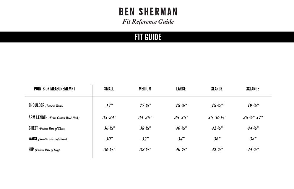 Ben Sherman Clothing Size Chart