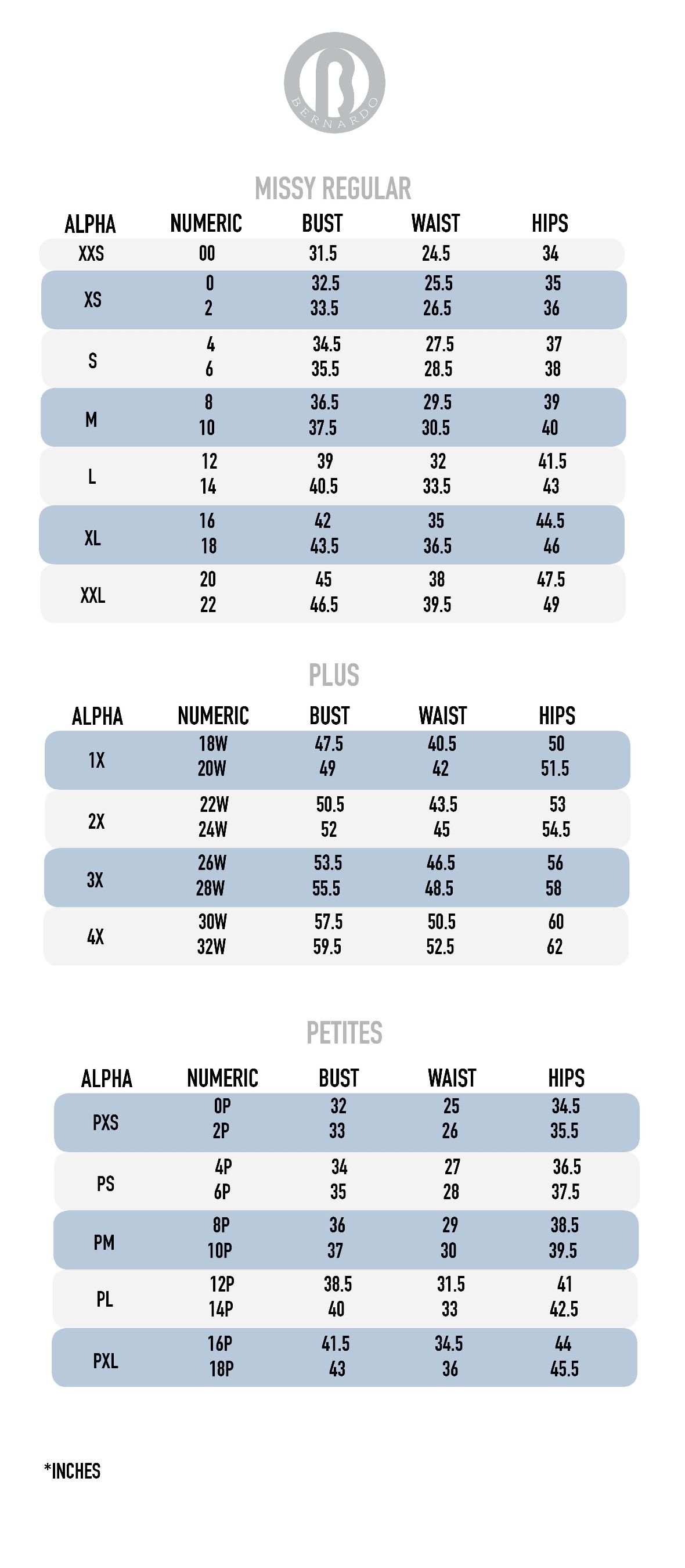 Bernardo Size Chart