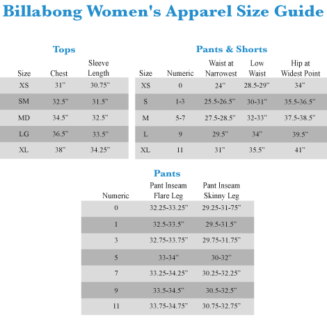 Billabong Womens Jeans Size Chart