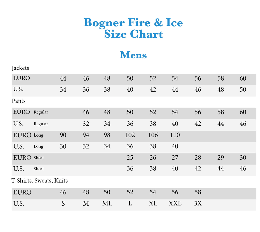 Bogner Jacket Size Chart