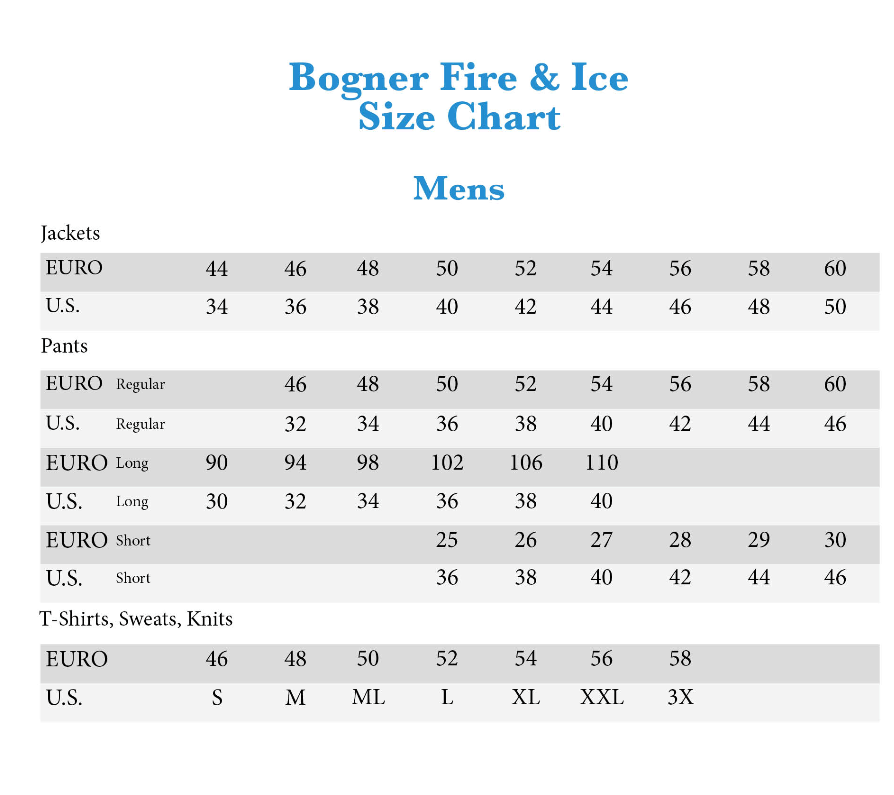 Bogner Fire And Ice Size Chart