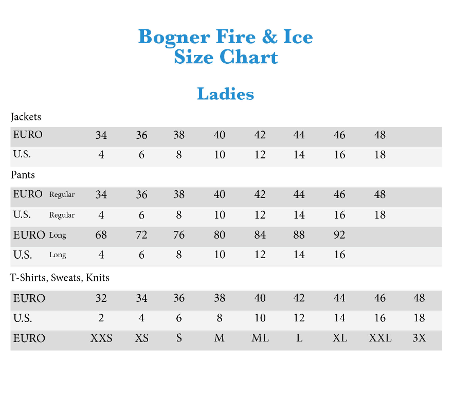 Bogner Size Chart