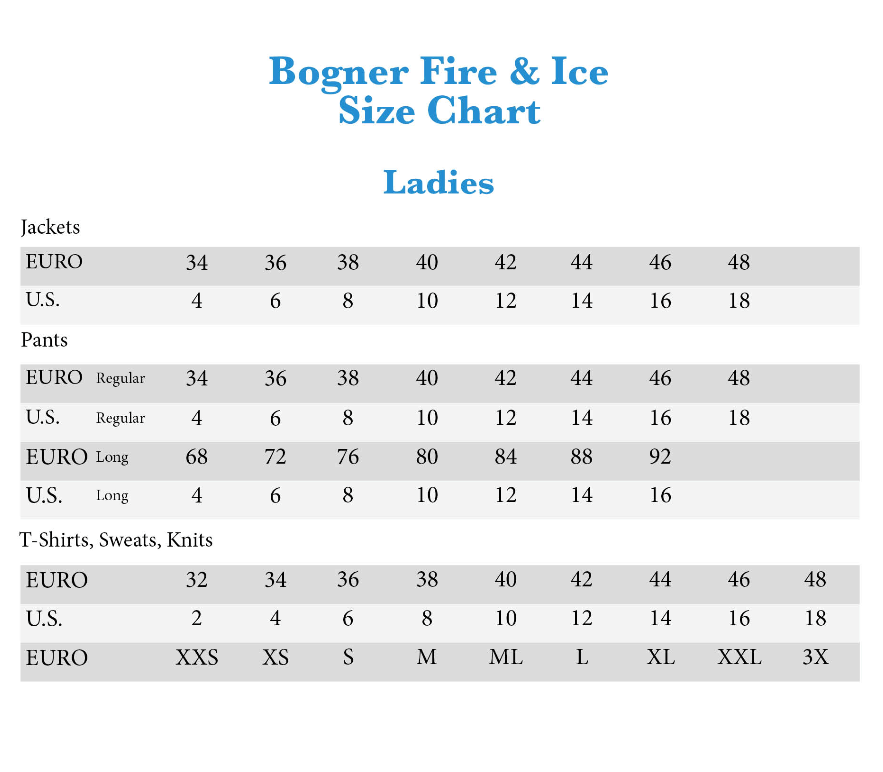 Bogner Pants Size Chart