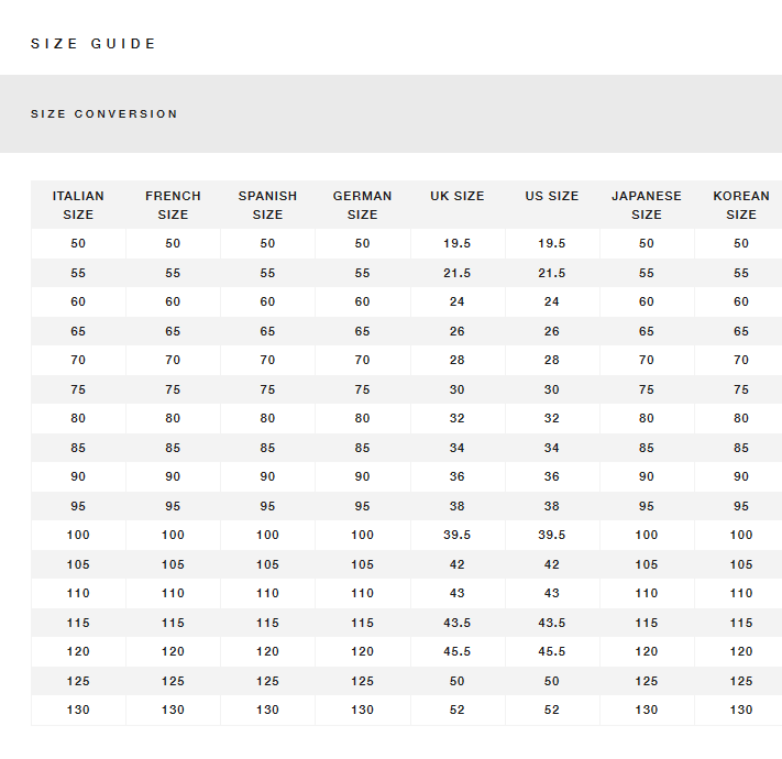 Bottega Veneta Size Chart