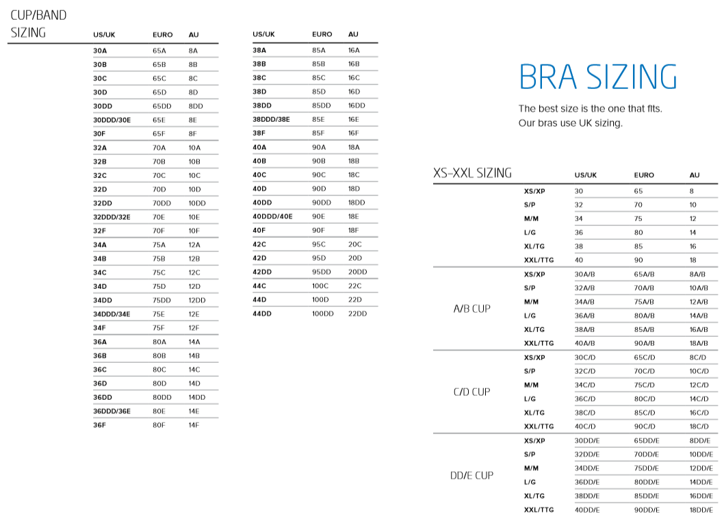 brooks bra size chart