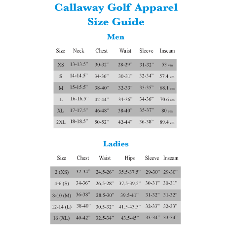 Callaway Polo Shirt Size Chart