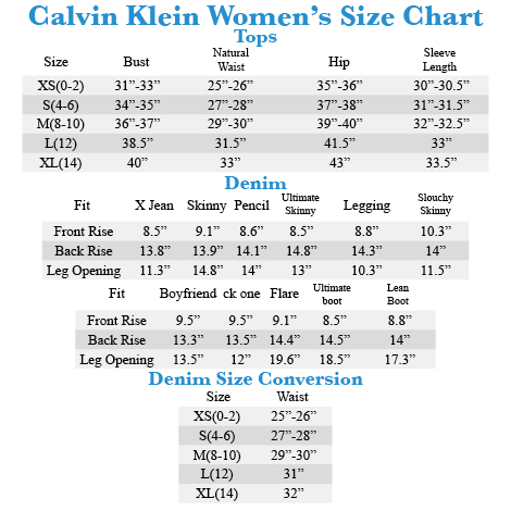 Size Chart Calvin Klein