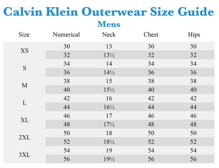 Calvin Klein Outerwear Men\u0027s Size Guide