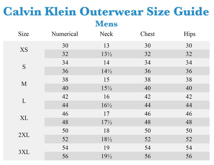 Calvin Klein Men Size Chart