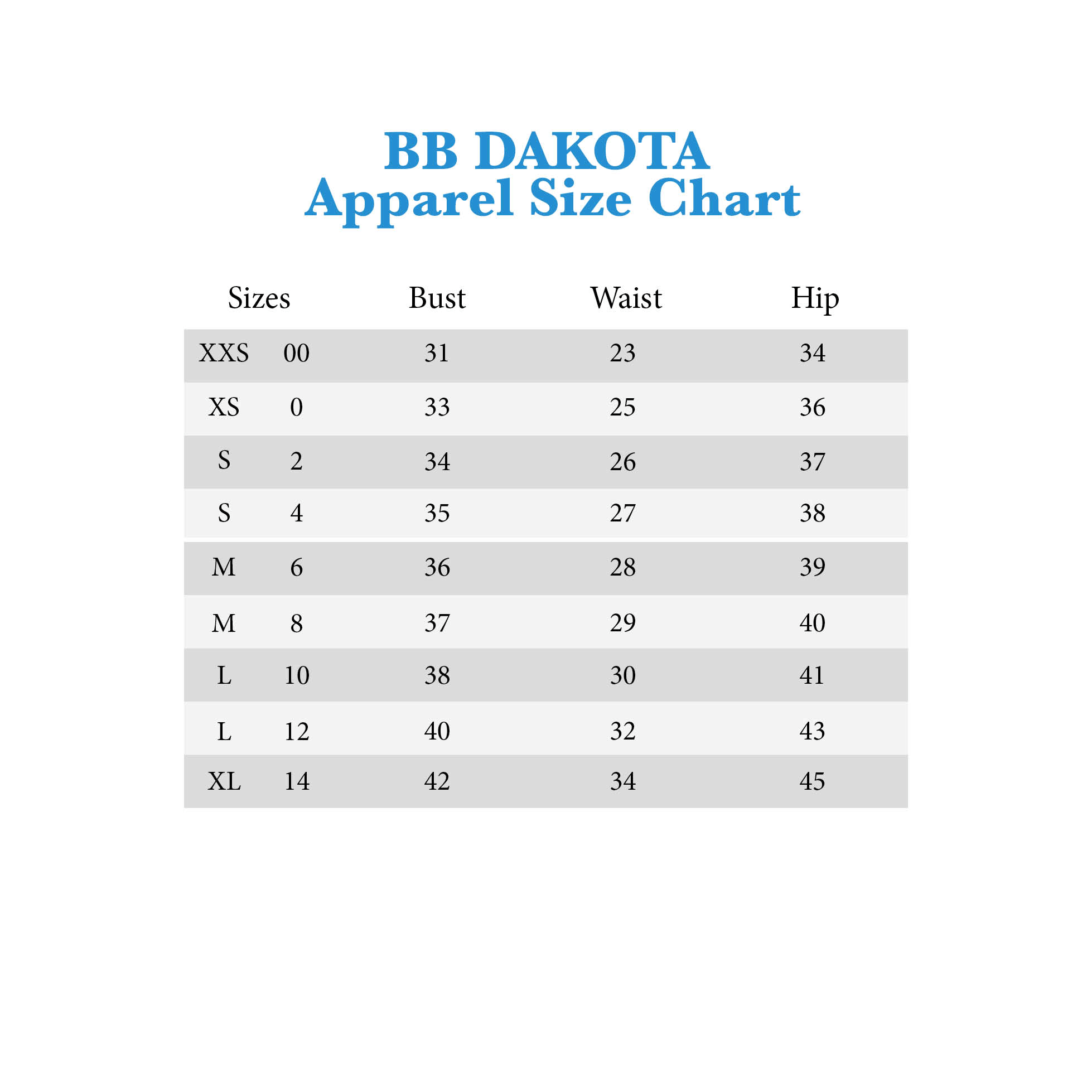 Bb Dakota Dress Size Chart