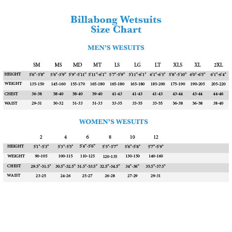 Billabong Wetsuit Size Chart Womens