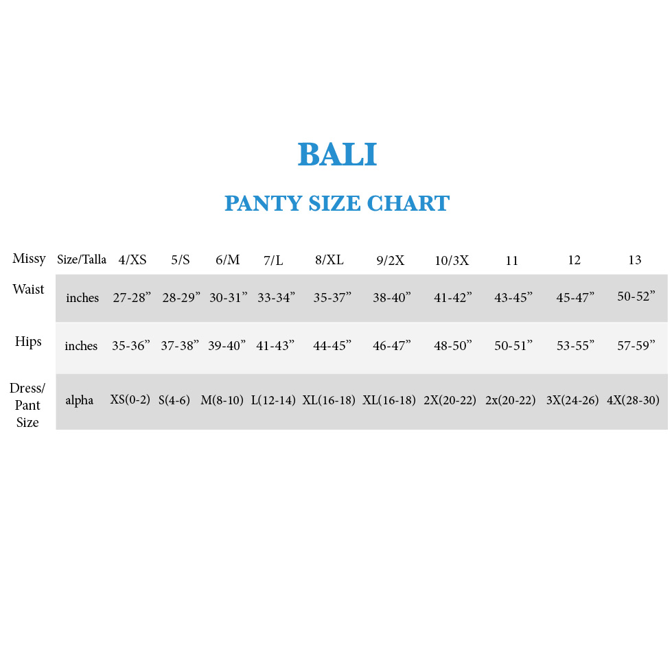 Bali Comfort Revolution Size Chart