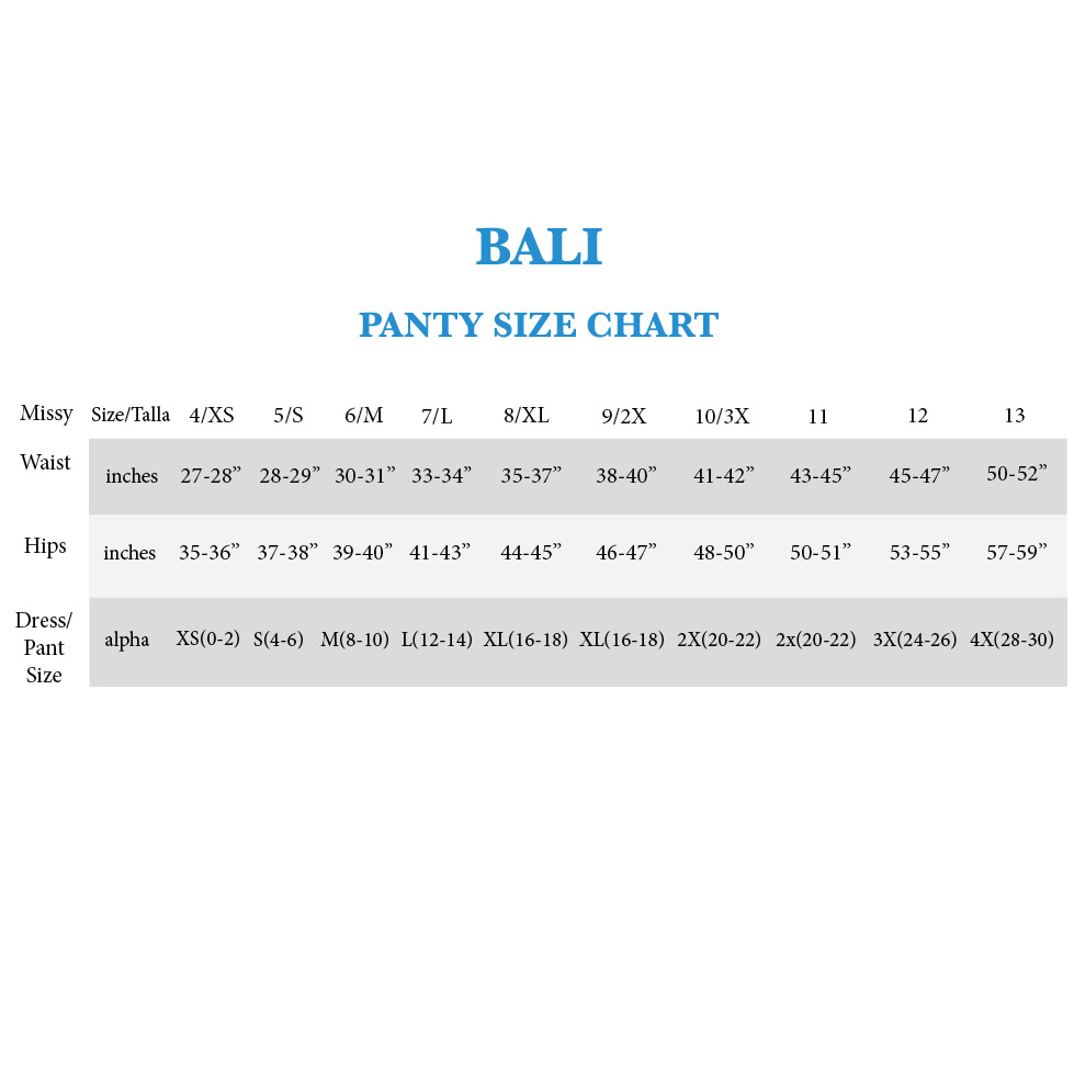 Bali Bra Size Chart