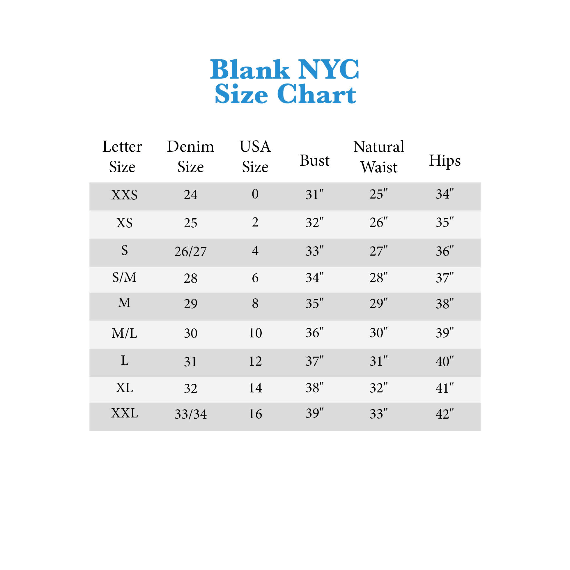 Blank Nyc Jeans Size Chart