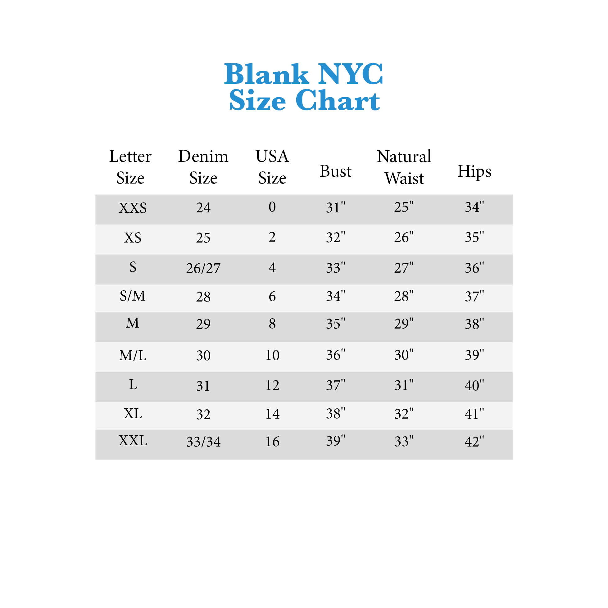 Current Elliott Size Chart