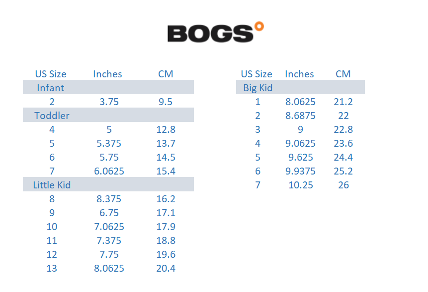 Bogs Toddler Size Chart