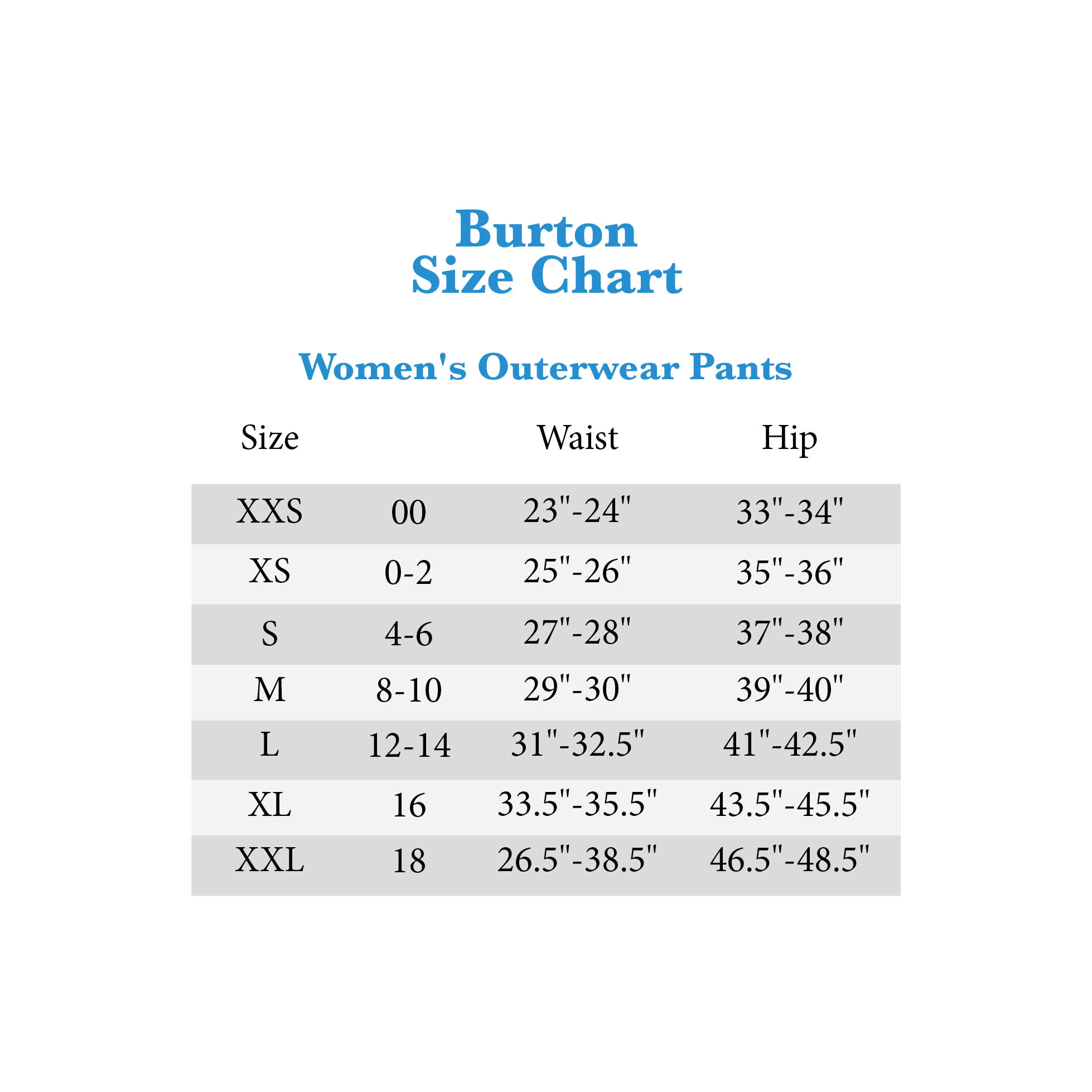 Burton Womens Jacket Size Chart