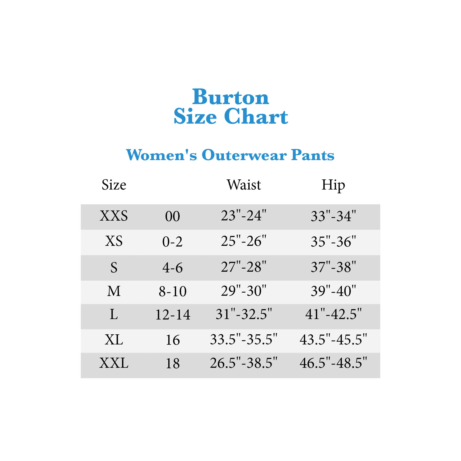 Burton Feather Size Chart