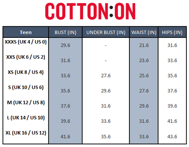 Cotton On Size Chart