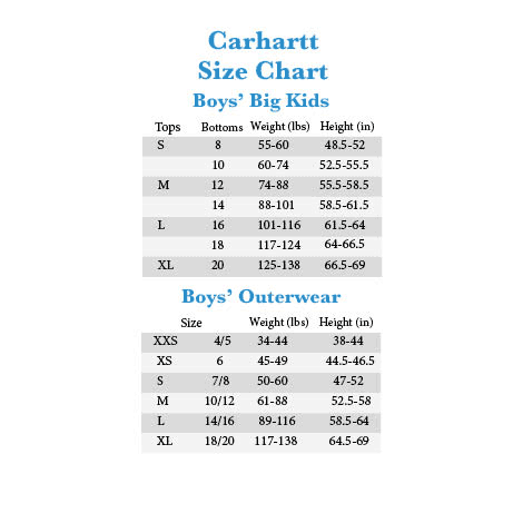 Carhartt Boys Size Chart: A Visual Reference of Charts | Chart Master