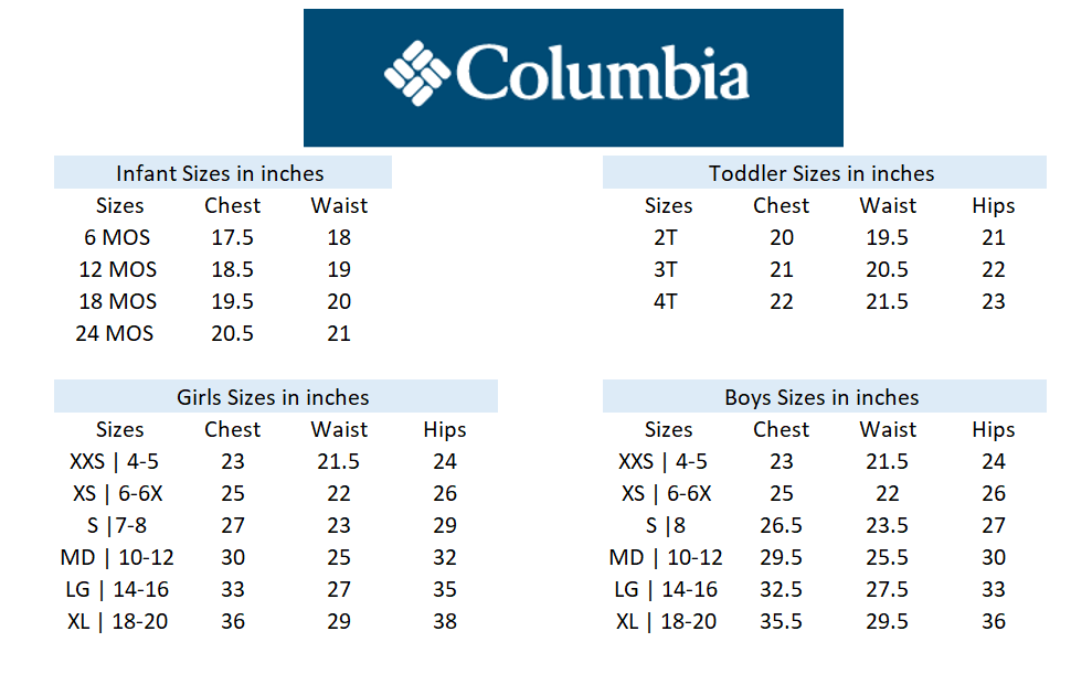 Columbia Youth Size Chart