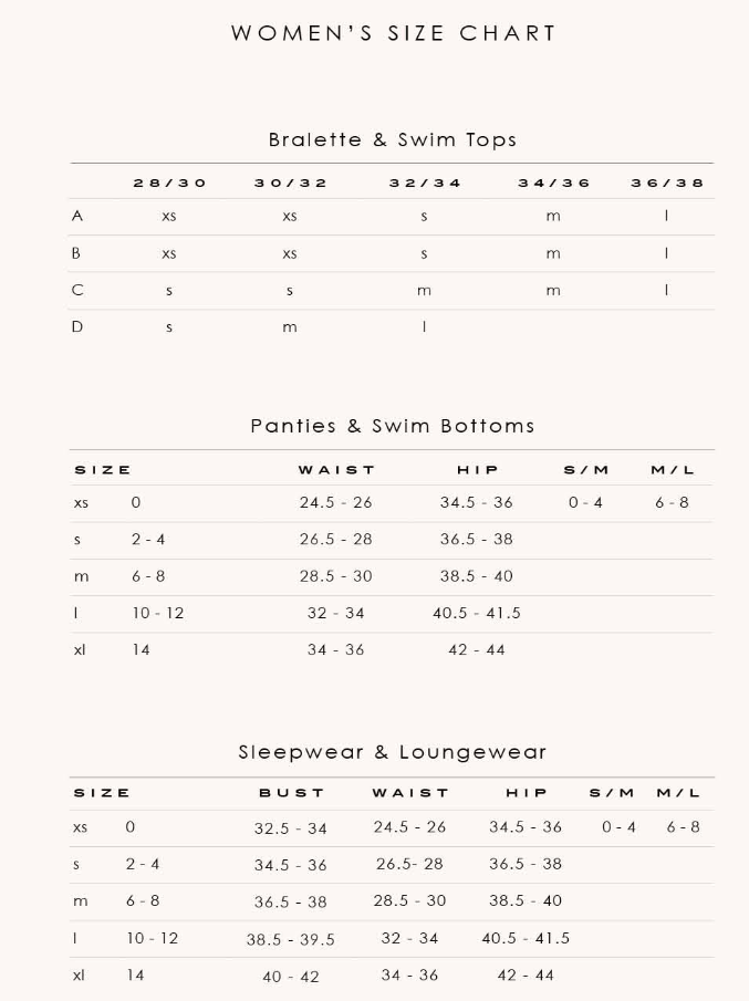 Sleep Chic Size Chart