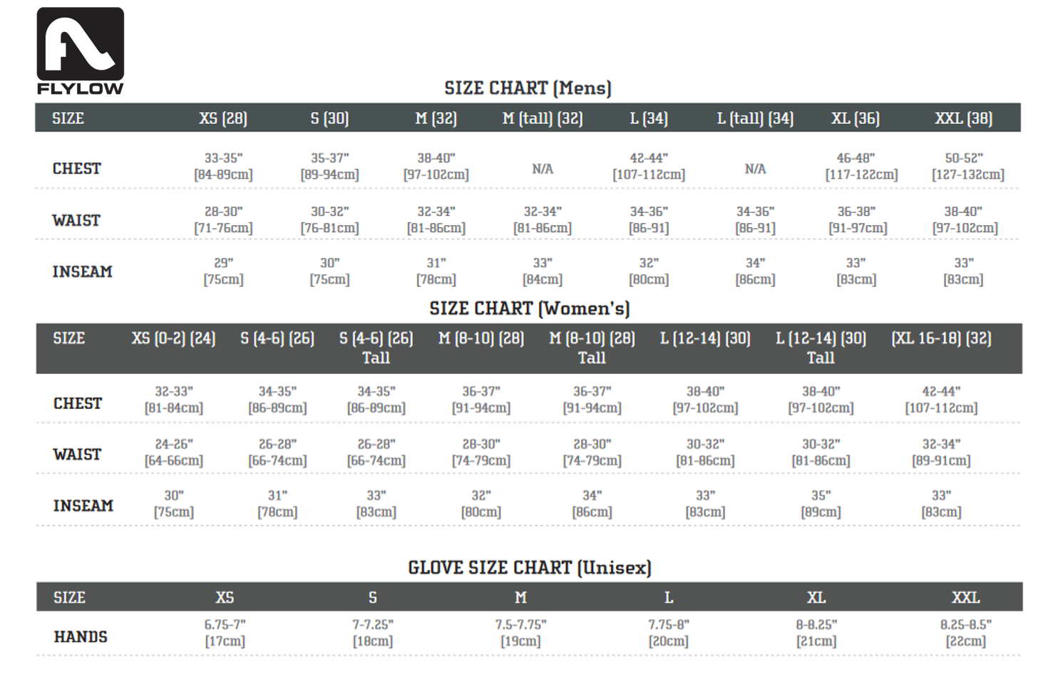 Flylow Size Chart