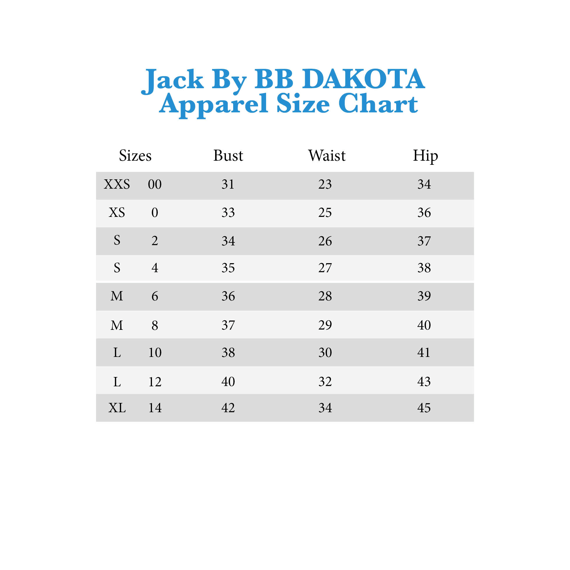 Bb Dakota Dress Size Chart