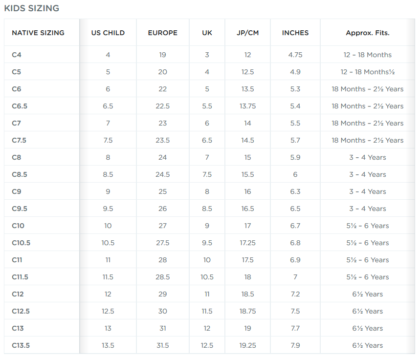 zappos shoe size chart