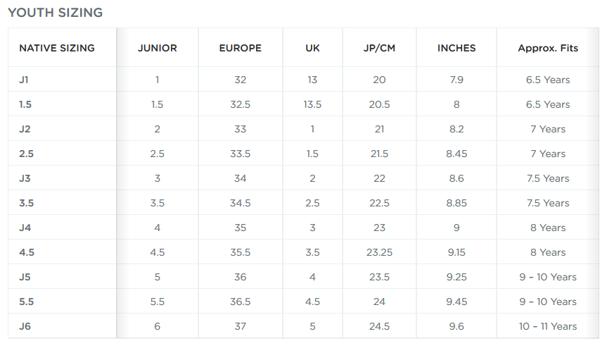 Native Shoes Kids Size Chart