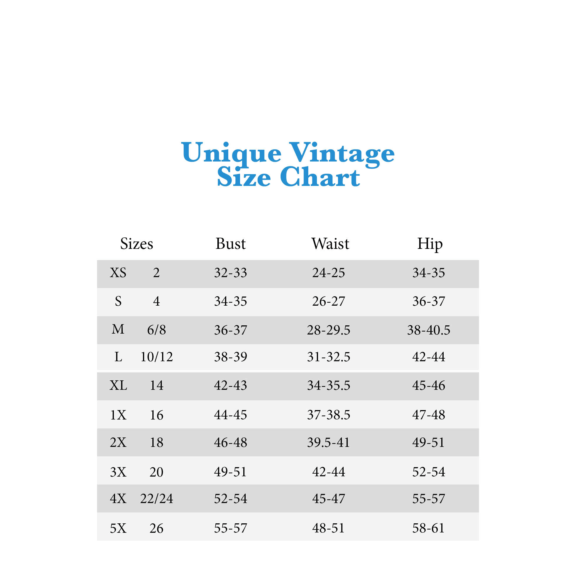 Unique Size Chart