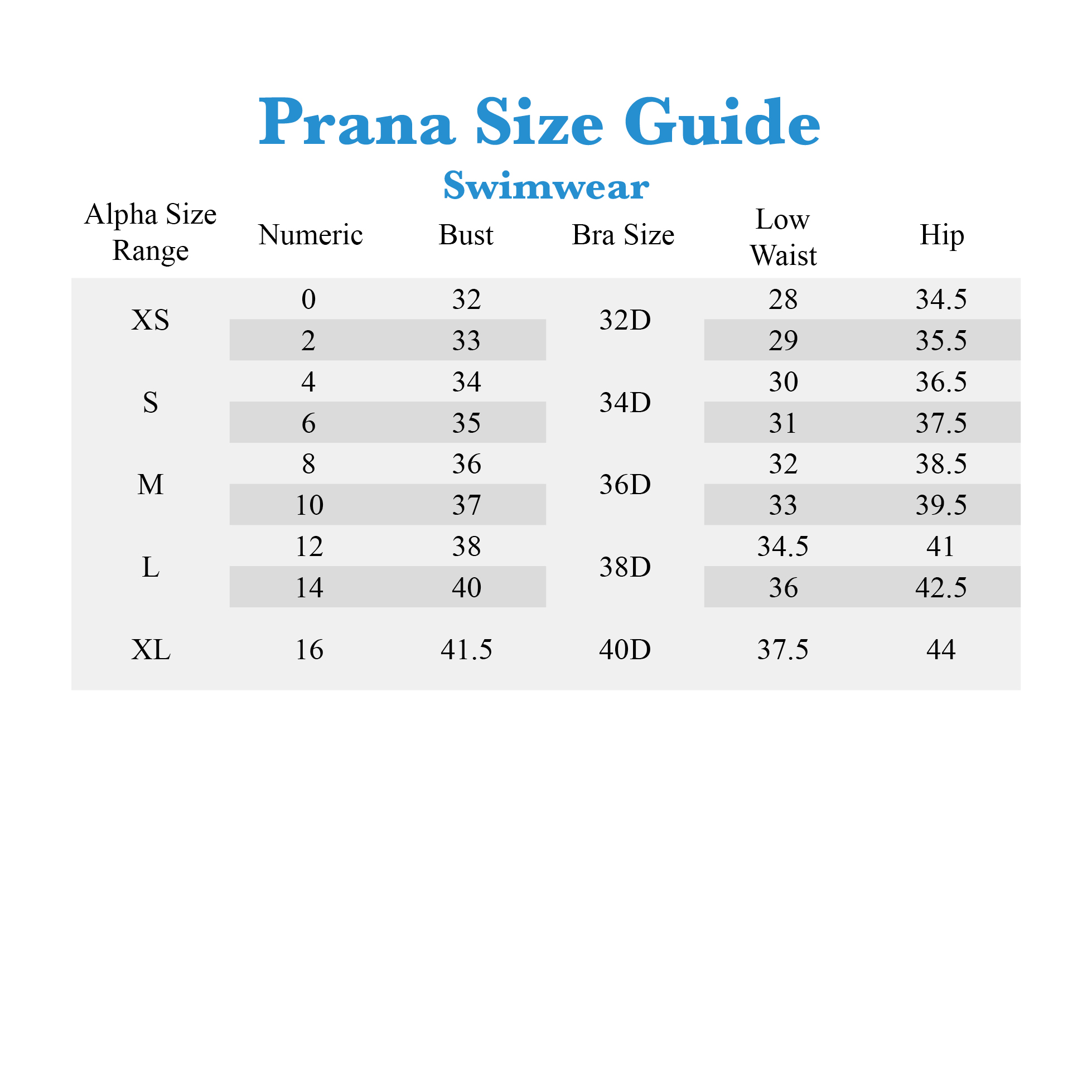 Prana Swim Size Chart