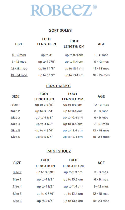 First Steps Size Chart