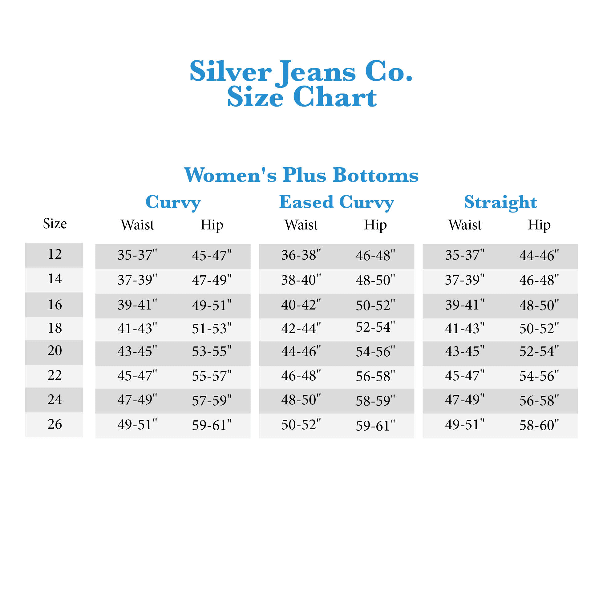 Suki Silver Jeans Size Chart
