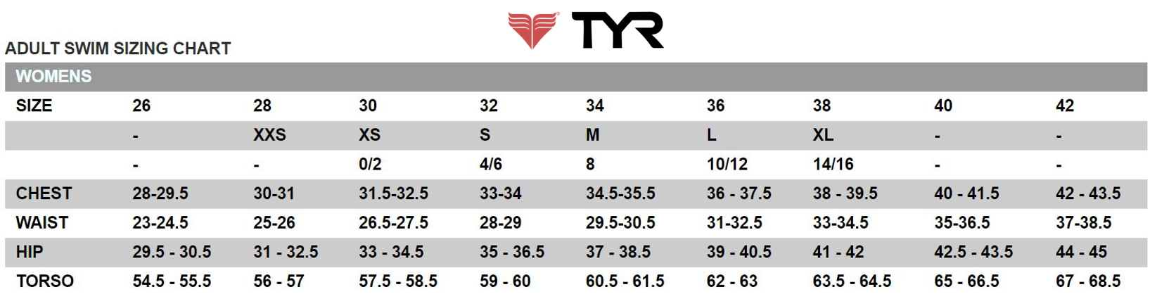 Tyr Jammer Size Chart