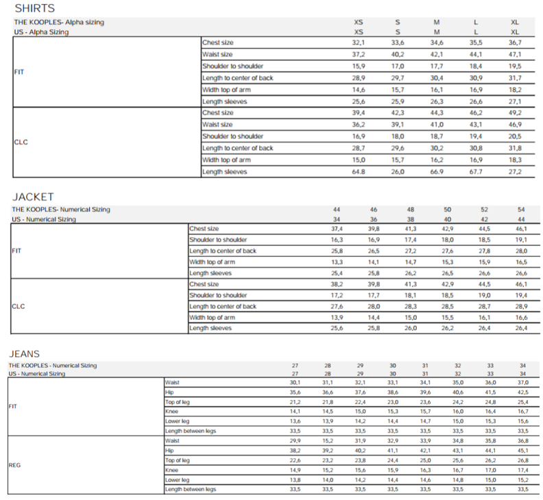 The Kooples Size Chart