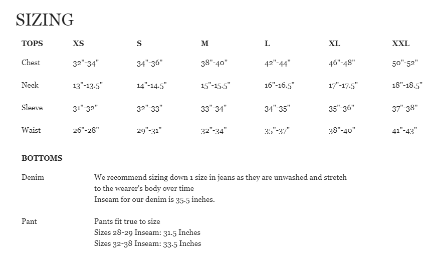 Todd Snyder Size Chart