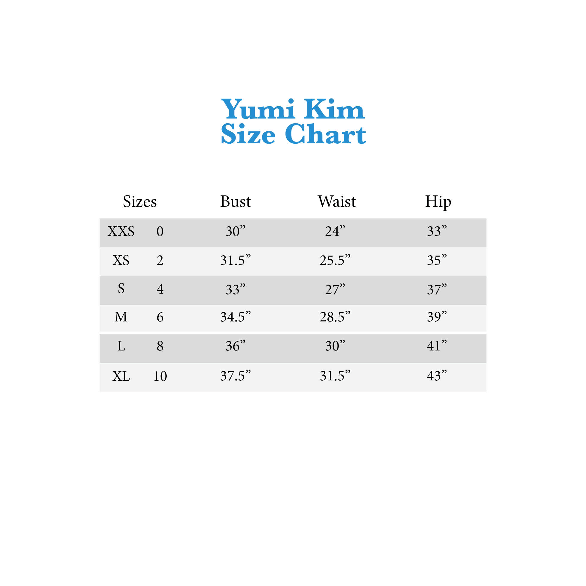 Yumi Size Chart