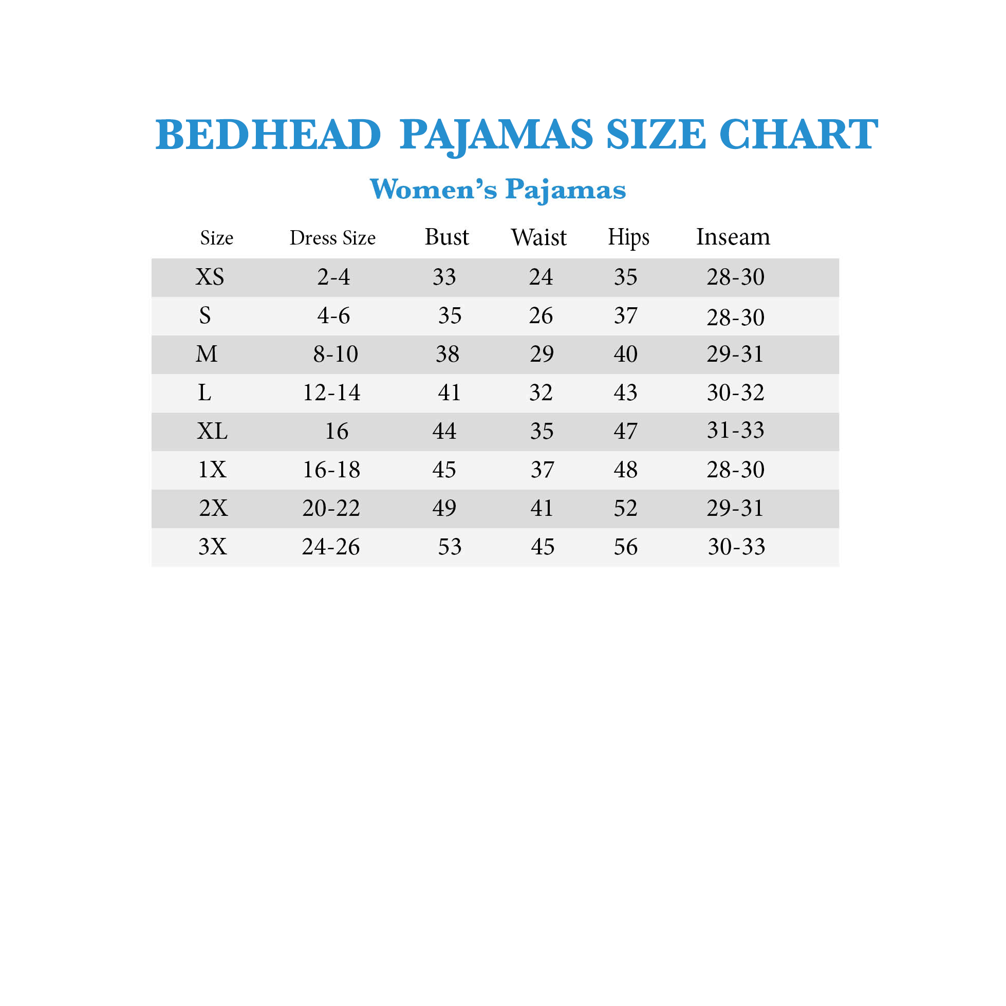 Pajamas Size Chart